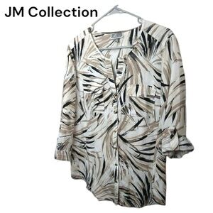 JM Collection Women's V Neck Flap Pocket 3/4 Tab Sleeve Button Shirt. Size M